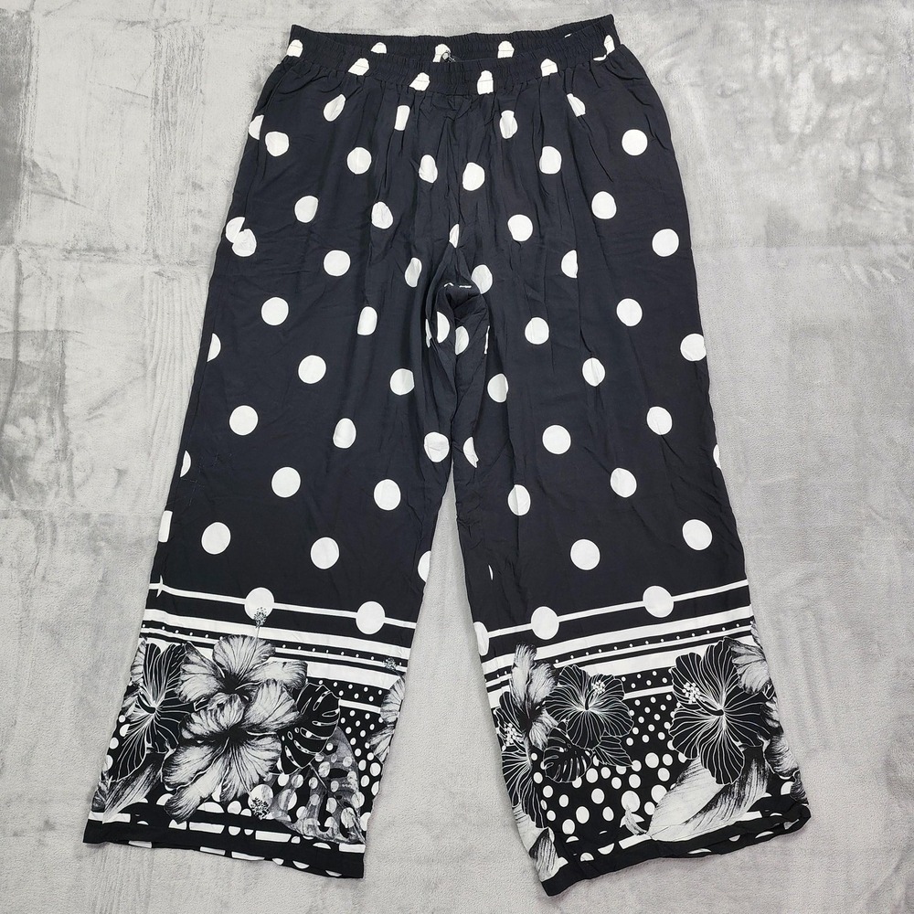 Ulla Popken Pants Womens 24/26 Black White Polka Dot Floral‎ Wide Leg Palazzo